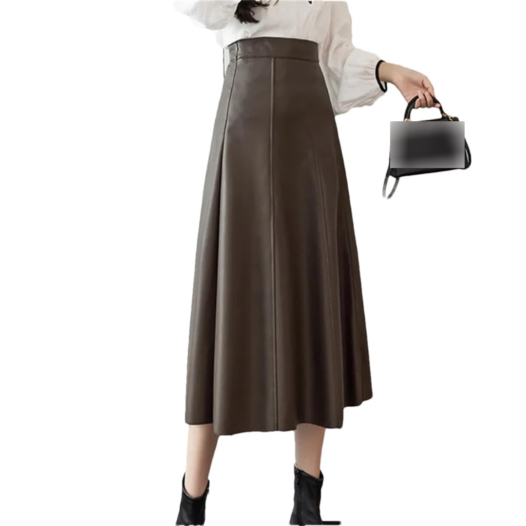 Otoño Invierno Mujeres PU Cuero Faldas Elegante Sólido Patchwork Cintura Alta A-Line Midi Falda