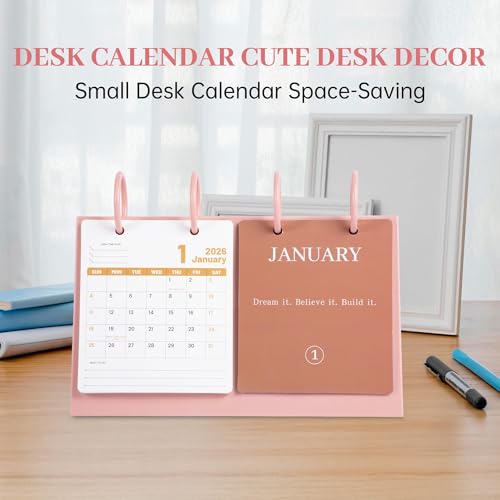 Bibiage Small Desk Calendar 2025-2026, Dec 2025 to Dec 2026, Monthly Decorative Flip Calendar for Desk with Motivational Quotes, Cute Desk Decor, Office Supplies, 10" x 6", Pink — view 4