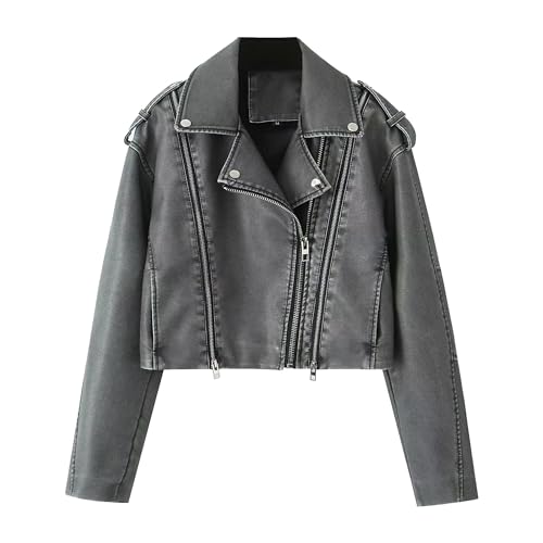 Manteau court similicuir femme vintage veste asymétrique motard look rétro automne