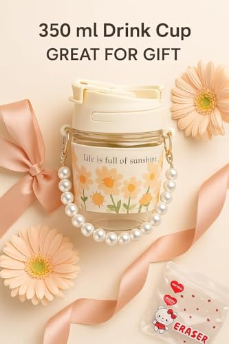 Image of Aesthetic Moti Mug with Pearl Chain Belt & Sleeve 350 ML, Set of 2 Coffee Glass Tumbler with Lid and Straw, Travel Sipper Cup for Coffee, Tea, Juice, Milk Cute Flower Design for Kids