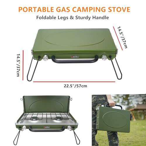 ONLYFIRE-Portable-Camping-Stove-2-Burner-Propane-Camp-Stove-with-Foldable-Legs-Camping-Grill-Stove-with-Adjustable-Burners-Heavy-Duty-Latch-Handle-for-Camping-Tailgating-RV-BBQ-Green