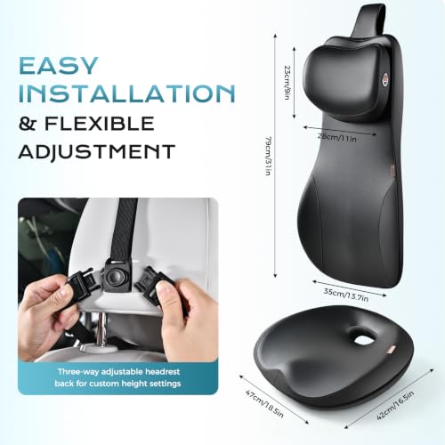 Image of Coverado Car Seat Cushion and One Piece Lumbar Support Headrest Pillow, Adjustable Velcro Design Car Neck Pillow, Ergonomic Memory Foam Car Back Support Driving Seat Cushion for Back Pain Relief,Black