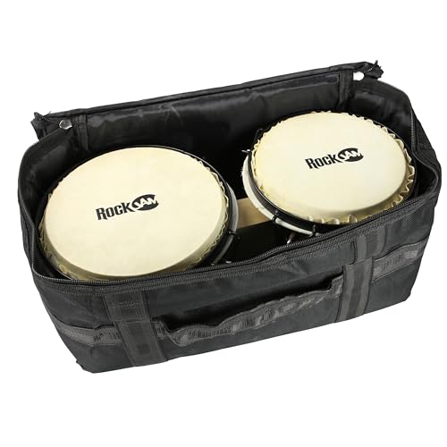 RockJam RJ-100301 7\ and 8\ Bongo Set with Padded Bag and Tuning Wrench Red and Natural Stripe
