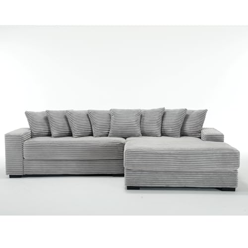 JUSTONE 111\'\' Modern Sectional Sofa Cloud Couch for Living Room, L Shaped Sofa, Corduroy,Right Chaise Daybed with Armrests,Eight Throw Pillows,Easy to Assemble,Gray