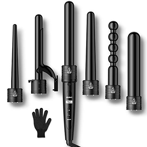 ELEHOT Curling Iron Curing Wand Set 6 in 1 Interchangeable Ceramic Tourmaline Hair Barrels and Temperature Display & Heat Settings with Protective Glove (Black)