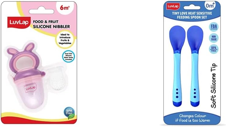 LuvLap Bunny Food & Fruit Nibbler & LuvLap Tiny Love Heat Sensitive Baby Feeding Spoons Set, Food Grade PP Kids & Baby Spoon with Soft Silicone Tip, BPA Free, 2 pcs, Blue