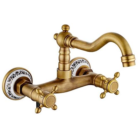 Robinet de Cuisine Mural Ancien Mitigeur Robinet Retro Bronze Antique Rotation 360 ° Double Contrôle Prune Croix Volant Robinet Cover