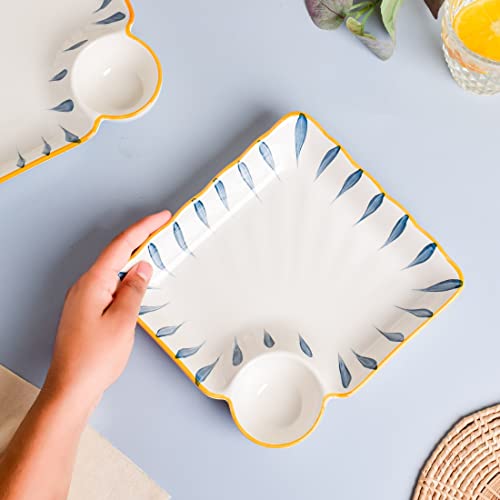 Image of Nestasia Set of 2 Ceramic Chip and Dip Snack Plate with Dip Section | Microwave & Dishwasher Safe Starter Plates | Perfect for Fries, Momos, Sushi, Kebab (White & Blue)