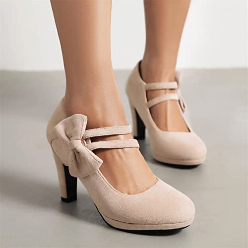 Elerhythm Women's Mary Jane Heels with Bow Retro Closed Round Toe Pumps Suede Chic Bowtie Vintage Sweet Office Dress Daily Shoes3