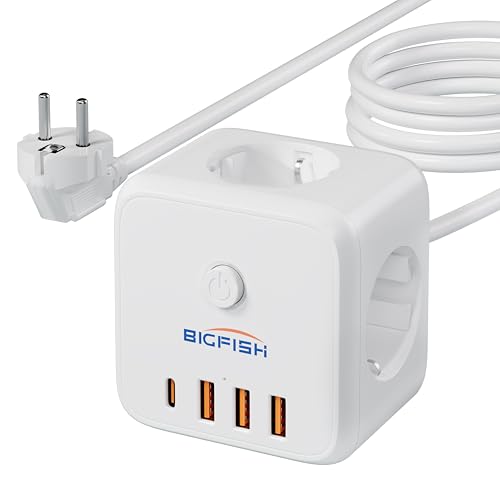 Bigfish 3 Fach Steckdosenleiste mit USB C, Mehrfachsteckdose mit 4 USB, Steckdosenwürfel mit 3 Meter Kabel, Mehrfachstecker mit Schalter für Büro & Zuhause 1