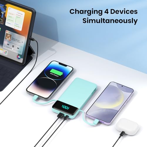 Image of Portable Charger Power Bank for iPhone with Built-in Cables and AC Wall Plug, 13800mAh Ultra Slim Travel Essentials,USB C Fast Charging External Battery Pack for iPhone 17 /16 /13,Galaxy,Android-Green