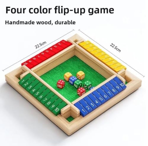 Image of 8 Dice Shut The Box Wooden Board Game - Classic 4-Sided Pub Game for 2-4 Players - Fun Family Tabletop Toy for Learning Numbers with Dice & Instructions