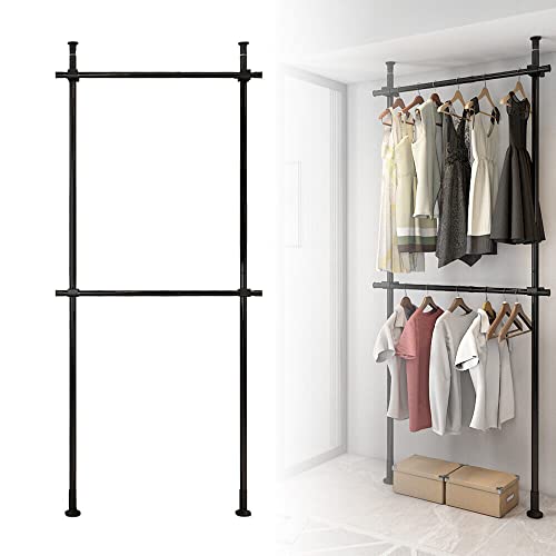 Xuthusman 2 Tier Clothes Storage Hanger Organizer Ceiling Top & Floor Metal Closet Garment Rack Clothing Storage Hanging Shelf Stainless Steel Black