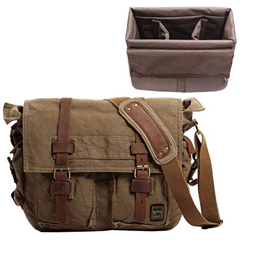 Berchirly Men Women 14.7 Inches Designer Messenger Bag +Camera Kit, Military Canvas DSLR Gadget Bag