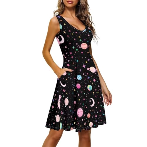 Image of Women's Casual Loose Sundress Midi Sleeveless Crewneck Dress Summer Beach Tank Dress with Pockets