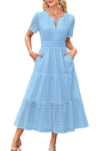 VEVESMUNDO Damen Baumwolle Sommerkleid Freizeitkleid Blusenkleid A-Linie Kleider Casual Kurzarm Langes Kleid mit Taschen (Hellblau,M)