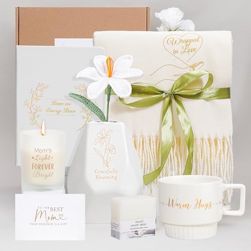 Christmas Gift for Mom,Relaxing Spa Basket with Warm Hugs Mug,Scarf Shawl,Notebook,Tulip Vase and More, Perfect for Mother's Day, Birthday, Christmas, Thanksgiving, Retirement & Thank You Gifts