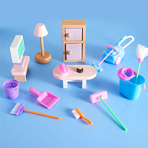 Vinsot 18 Pieces/ 2 Sets Miniature Dollhouse Cleaning Toy, Dustpan Dolls Mop Dust Pan, Brush, Broom, Bucket Housework Cute Cleaning Furniture Tools Kit Pretend Play Decoration Doll House Accessories #TOP6