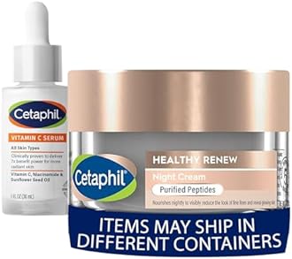 Cetaphil Vitamin C Serum, Dermatologist Tested, 1oz + Healthy Renew Skin Tightening Night Cream 1.7 Oz, Wrinkle Repair Cream for Face with Peptides, For Sensitive Skin, Fragrance Free, Bundle