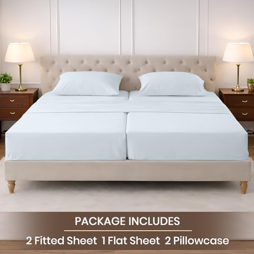Image of SGI Split King Sheet Set for Adjustable Bed Egyptian Premium Cotton 600 Thread Count Sheets for Sleep Number Bed 15 inch Deep Pocket 5 Pc Set with 2 Twin XL Fitted Sheets Soft Breathable -Light Blue