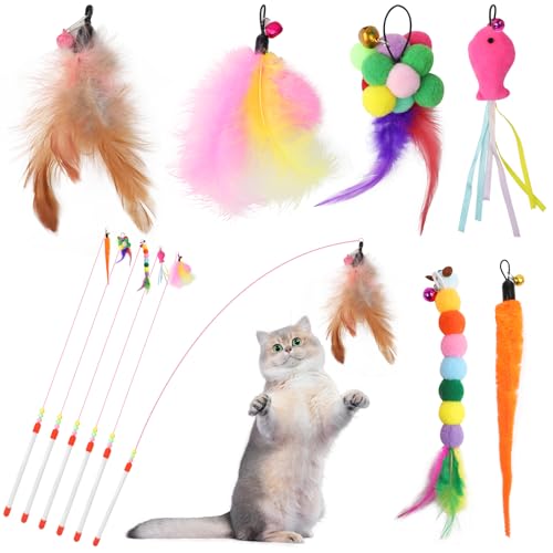 12 Stück Katzenspielzeug Selbstbeschäftigung mit Feder, Enthält 6 Katzenangel und 6 Federspielzeuge mit Glöckchen, Interaktives Katzenspielzeug für Katzen,Fun Exerciser Playing Toy for Kitten or cat