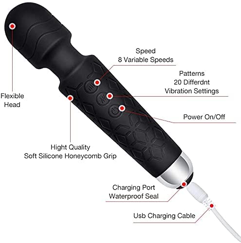 Image of Cordless Rechargeable Personal Wand Full Body Massager Pain Relief Machine with 20 Vibration Modes 8 Speeds Patterns Flexible Head Water Resistant Wireless Portable Battery Powered Ultimate Relaxation for Women & Men, (Multi color )