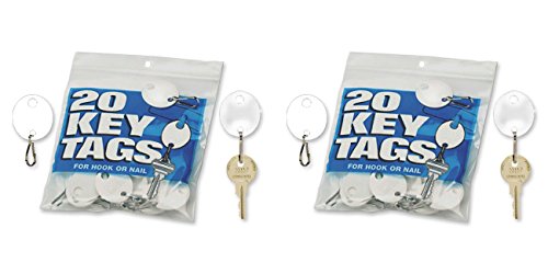 MMF Industries Snap-Hook Key Tags, Plastic, 1.25 Inches Height, White, 20 per Pack (201800706), 2 Packs
