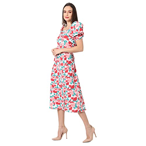 Image of PINACOLADA Women White & Pink Floral Printed Knee Length Casual Dress