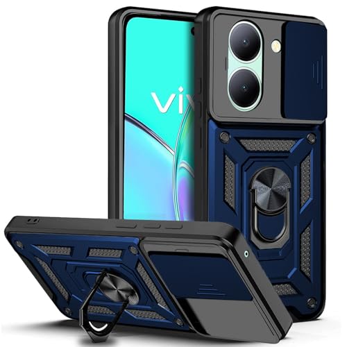 Image of AESTMO Tough Armor Vivo Y36 Bumper Back Case Cover | Ring Holder & Sliding Camera Shield Cover | 360 Degree Protection Back Case Cover for Vivo Y36 (Blue)