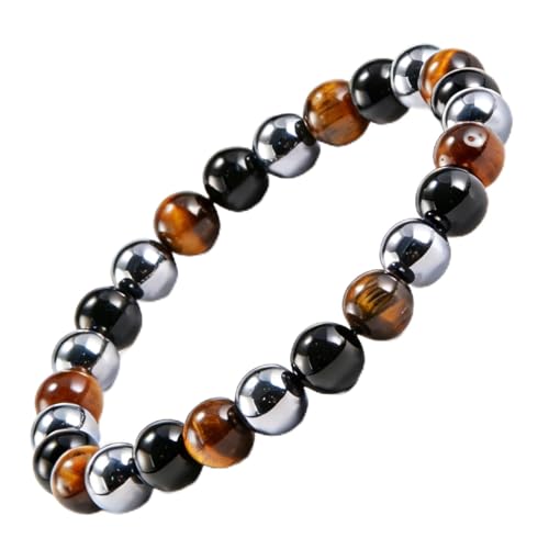 Aluckiss 8mm Triple Protection Bracelet for Men Women Natural Tiger Eye with Energy Stones Obsidian Beaded Stretch Bracelets Gemstone 7 inch Bracelet Handmade Polishing for Spiritual Healing Meditation Yoga
