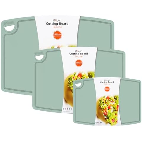 Liflicon Silicone Thick Cutting Boards Mats Set of 3 Foldable & Flexible Design Juice Grooves Easy Grip Handle Dishwasher Safe for Kitchen,BPA free Silicone Cutting Board-Light Green Cover