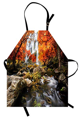 ABAKUHAUS Giungla Grembiule, Autunno Fiume Ruscello sulle rocce, Comodo per la Cucina Unisex con Collo Regolabile per Cucinare Cuocere Arrostire e Giardinaggio, Brown Arancione