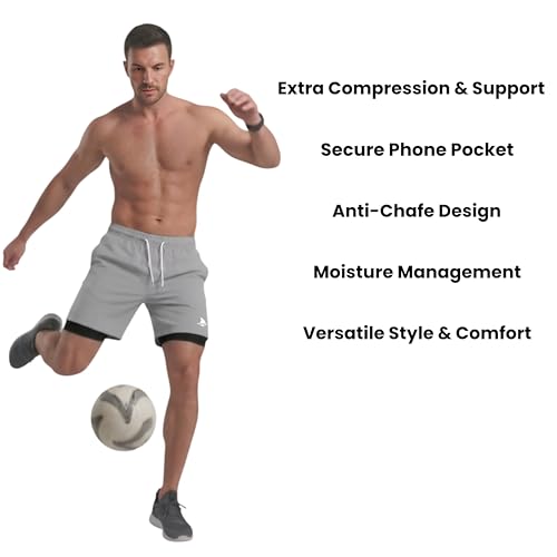 Image of Boldshark Men's 2 in 1 Active Dual Shorts with Inner Tights Layer & Phone Pocket for Running, Gym & Sports Workout