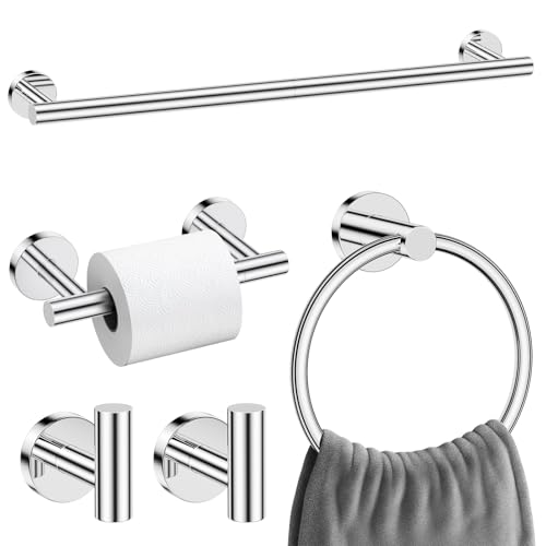 Polished Chrome Towel Bar Bathroom Hardware Accessories Set, 5 Pieces Toilet Paper Holder Towel Racks Set for Bathroom Stainless Steel Wall Mounted 23.6 in