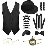 Value Pack: in totale 16 pezzi, 1 * gilet da gangster, 1 * cappello fedora, 1 * occhiali dorati, 1 * bretella elastica sul retro a Y, 1 * cravatta, 1 * papillon, 1 * orologio da tasca vintage (senza batteria), 2 * bracciali, 6 * barbe finte e 1 * oggetto decorativo