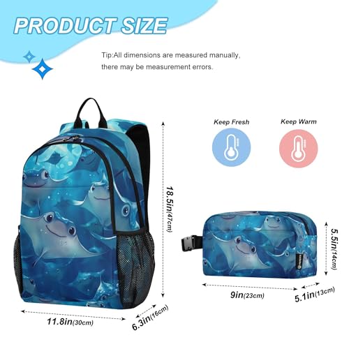Blue Ocean Cute Stingray Fish Backpack with Lunch Bag for Boys Girls, Travel School Backpack Set2
