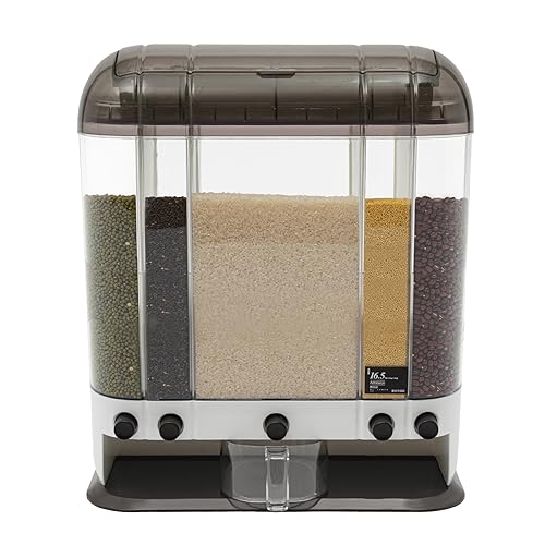 Eapmic Rice Dispenser with Cup,Wall-Mounted 5 Grid Dry Food Dispenser Rice Bucket Grains Storage Container Cereal Dispenser for Home and Kitchen (5Grid,Brown)