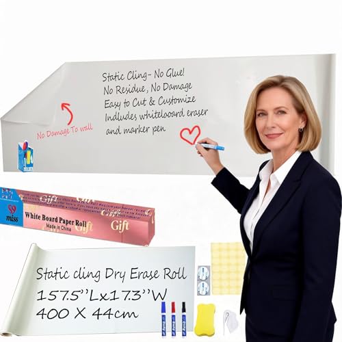 Whiteboard-Papierrolle 44 x 400 cm trocken abwischbar kein Kleber statisch haftend Whiteboard-Aufkleber für Wand Glas Schule und Büro tragbar trocken abwischbar