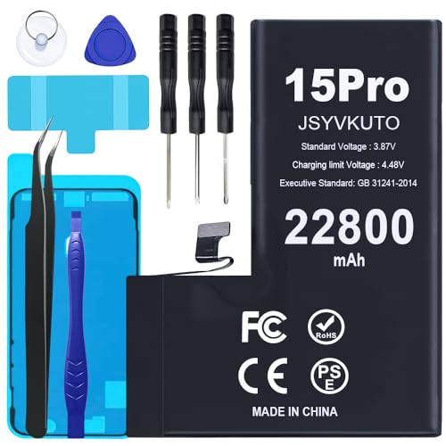 JSYVKUTO 22800mAh Battery for iPhone 15 Pro, New 0 Cycle Upgraded Higher Capacity Replacement Battery for iPhone 15 Pro with Full Set Repair Tool Kit, Model A2848、A3101、A3104、A3102
