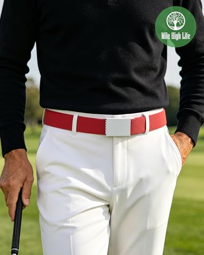 Image of Mile High Life Stretch Canvas Belt for Men, Golf Casual Elastic Web Belt, Top Military Buckle, Adjustable Cut to Fit
