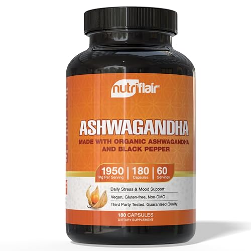 NutriFlair Organic Ashwagandha Root Extract - with Organic Black Pepper - Stress and Mood Support - Powerful Adaptogenic Benefits and Overall Health - Made in USA