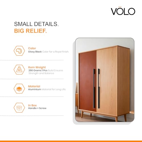 Image of Volo Wardrobe and Cabinet Pull Handle - Versatile Handles for Wardrobes, Drawers, Sliding Closets, and Doors in Kitchens, Offices, and Bedrooms (SAC-35) (Glossy Black, 450MM (18 Inch)) Pack of 1 Piece
