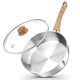 KOCH SYSTEME CS Sautepfanne mit Deckel, 25,4 cm Edelstahl-Sautépfanne mit Deckel, tiefe Bratpfanne mit Cool-Touch-Bakelit-Griff, stilvolle Edelstahlpfanne, tiefe Bratpfannen 4 Quart, Induktionsfertig
