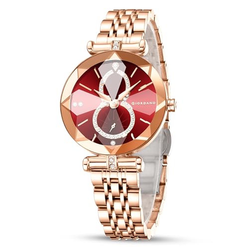 Giordano Luxury Watch for Women – Round Diamond Cut Glass Dial, Elegant Stainless Steel Strap with Quartz Movement
