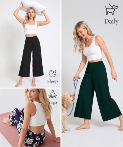 Image of GYS Bamboo Viscose Wide Leg Gaucho Cropped Pants, High Waist Capris Cloud-Soft Pajama Pants with Pockets, Flowy Yoga Pants