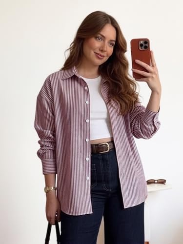 Image of Urbano Fashion Women's Cotton Full Sleeve Oversized Fit Casual Striped Shirt with Spread Collar