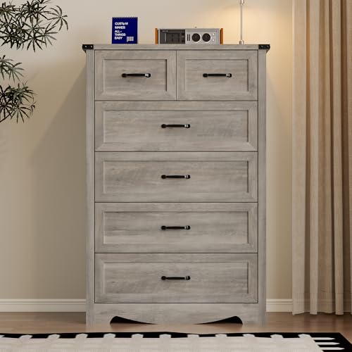 Image of BORNOON Tall 6-Drawer Dresser for Bedroom, Modern Wooden Chest of Drawers with Metal Handles, Anti-Tipping Design, Sturdy and Stable Storage Organizer for Living Room, Entryway, Home Office
