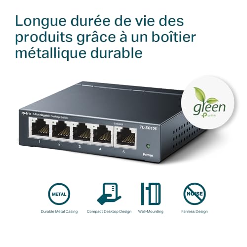TP-Link Switch Ethernet Gigabit 5 Ports RJ45 Metallique 10/100/1000 Mbps, IGMP Snooping, Switch RJ45 idéal pour étendre Le réseau câblé pour Les Bureaux à Domicile, TL-SG105