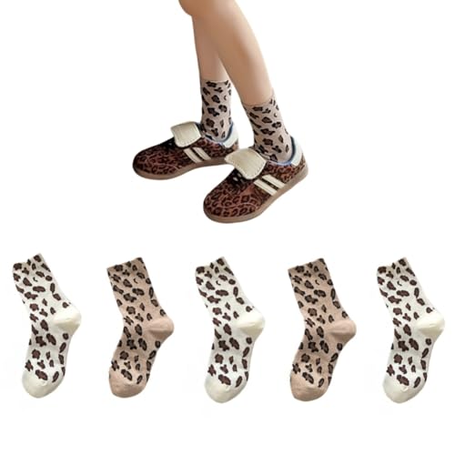 AKAMAS Lot de 5 paires de chaussettes colorées pour femme - Motif léopard - Chaussettes tendance à motifs léopard - Chaussettes décontractées en coton respirant - Chaussettes décontractées