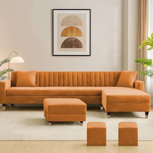 Image of Casaliving Garcia RHS 8 Seater L Shape Sofa Set with Ottoman & 2 Puffy for Living Room (Orange) Premium Fabric Sofa Set